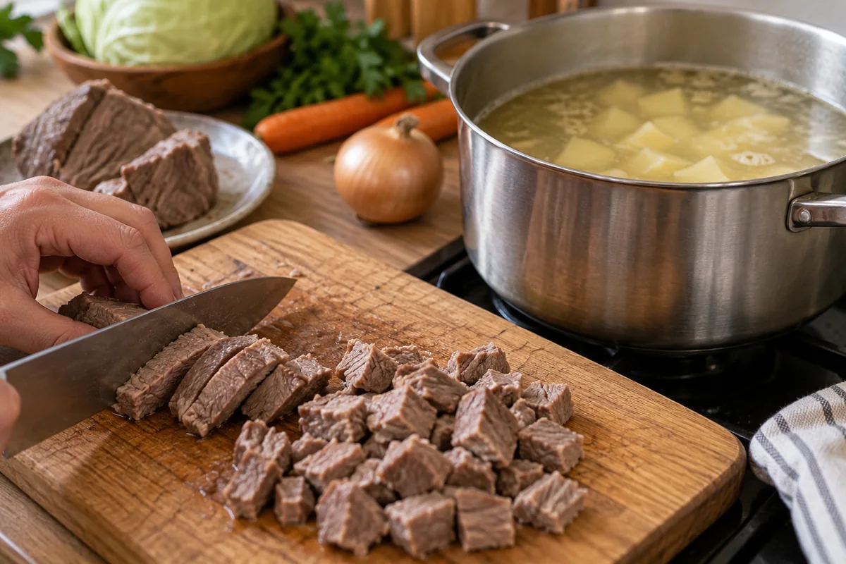 Шаг 6. Мясо отделяют от кости, а картофель варят в бульоне.