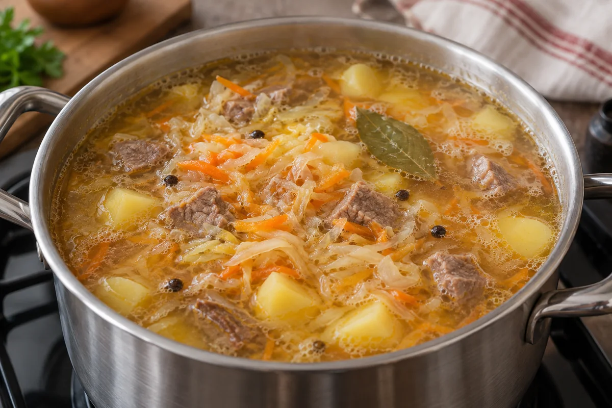 Шаг 7. В кастрюлю возвращают мясо и добавляют тушёные овощи.