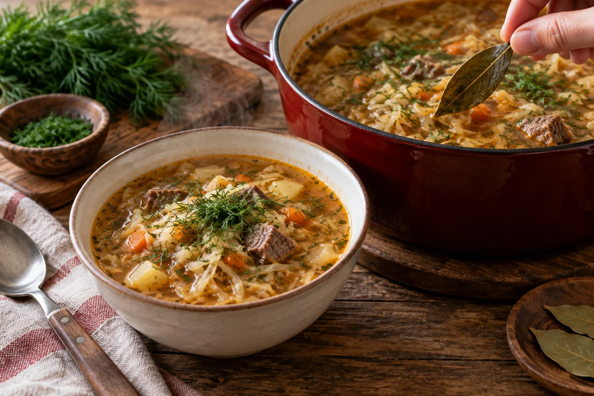 Шаг 8. Готовые щи заправляют укропом и дают настояться.