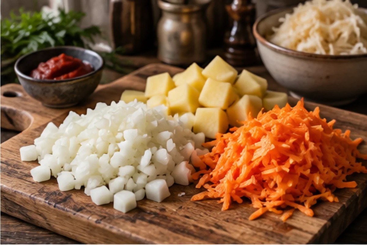 Картофель, лук и морковь нарезаны для супа