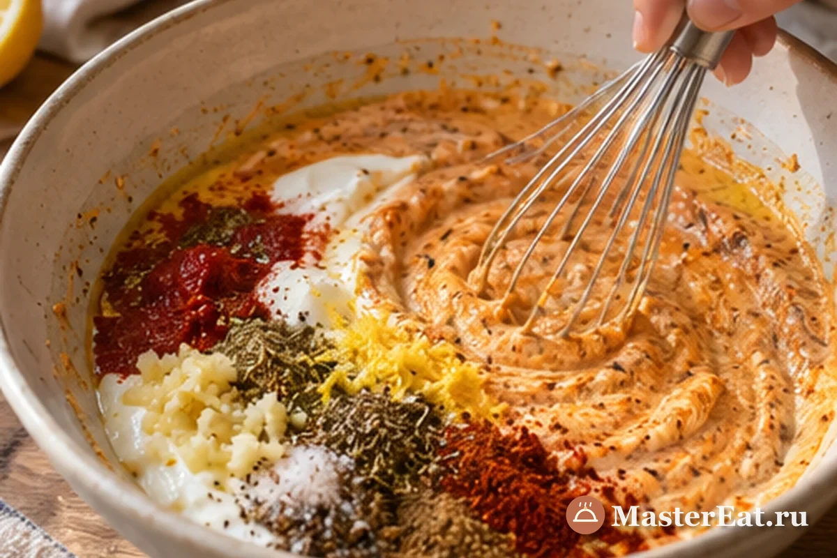 Йогуртовый маринад с лимоном, чесноком и специями перемешивают в миске