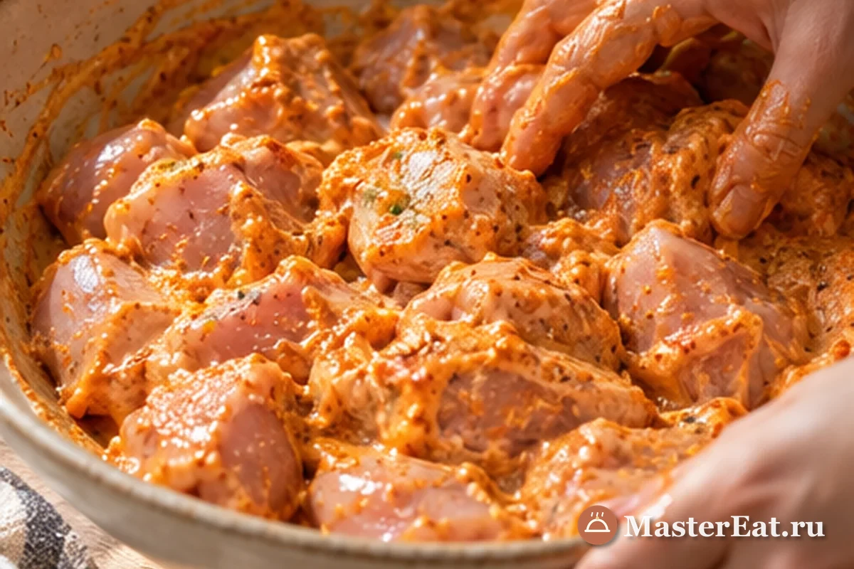 Кусочки курицы покрывают пряным маринадом перед охлаждением