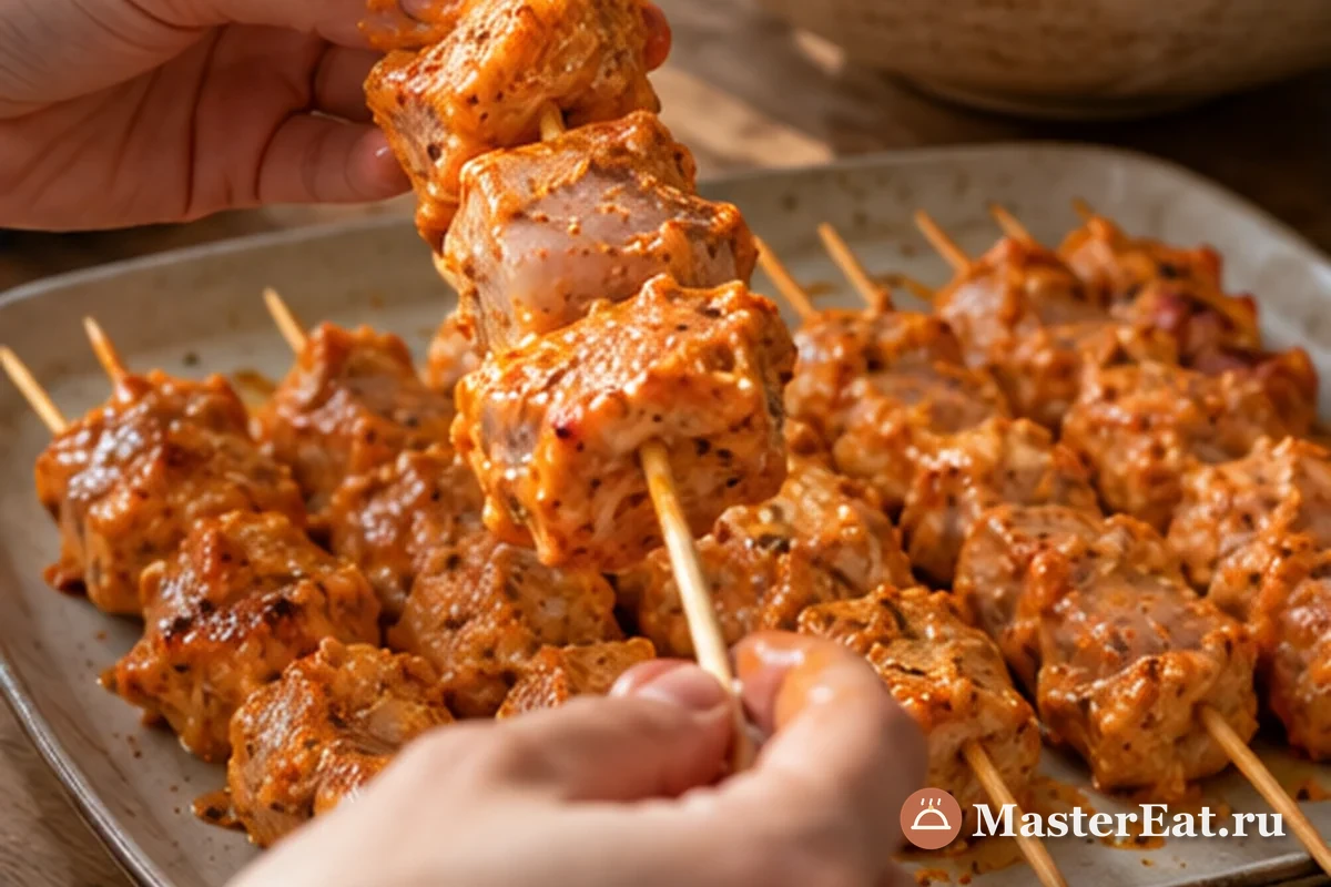 Маринованную курицу нанизывают на деревянные шпажки