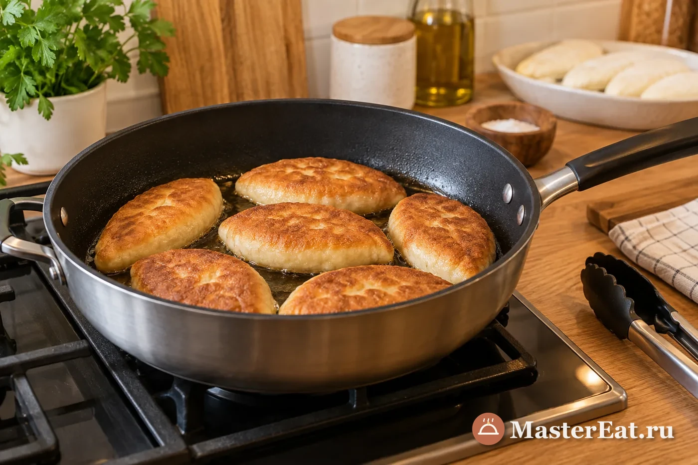 Глубокая сковорода с несколькими жареными пирожками