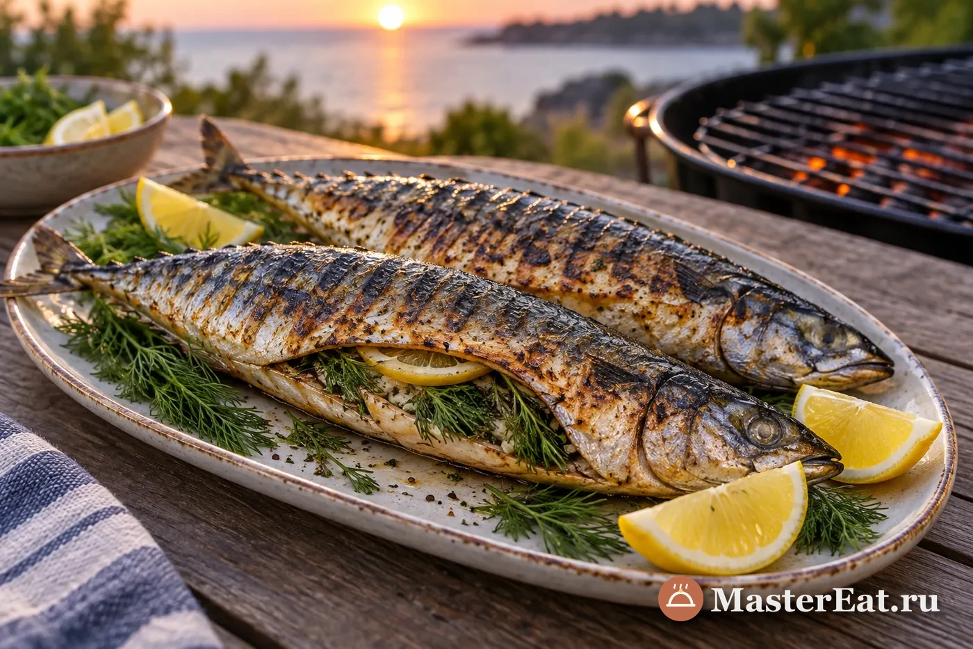 Скумбрия с румяной кожей, лимоном и свежим укропом на гриль-решётке