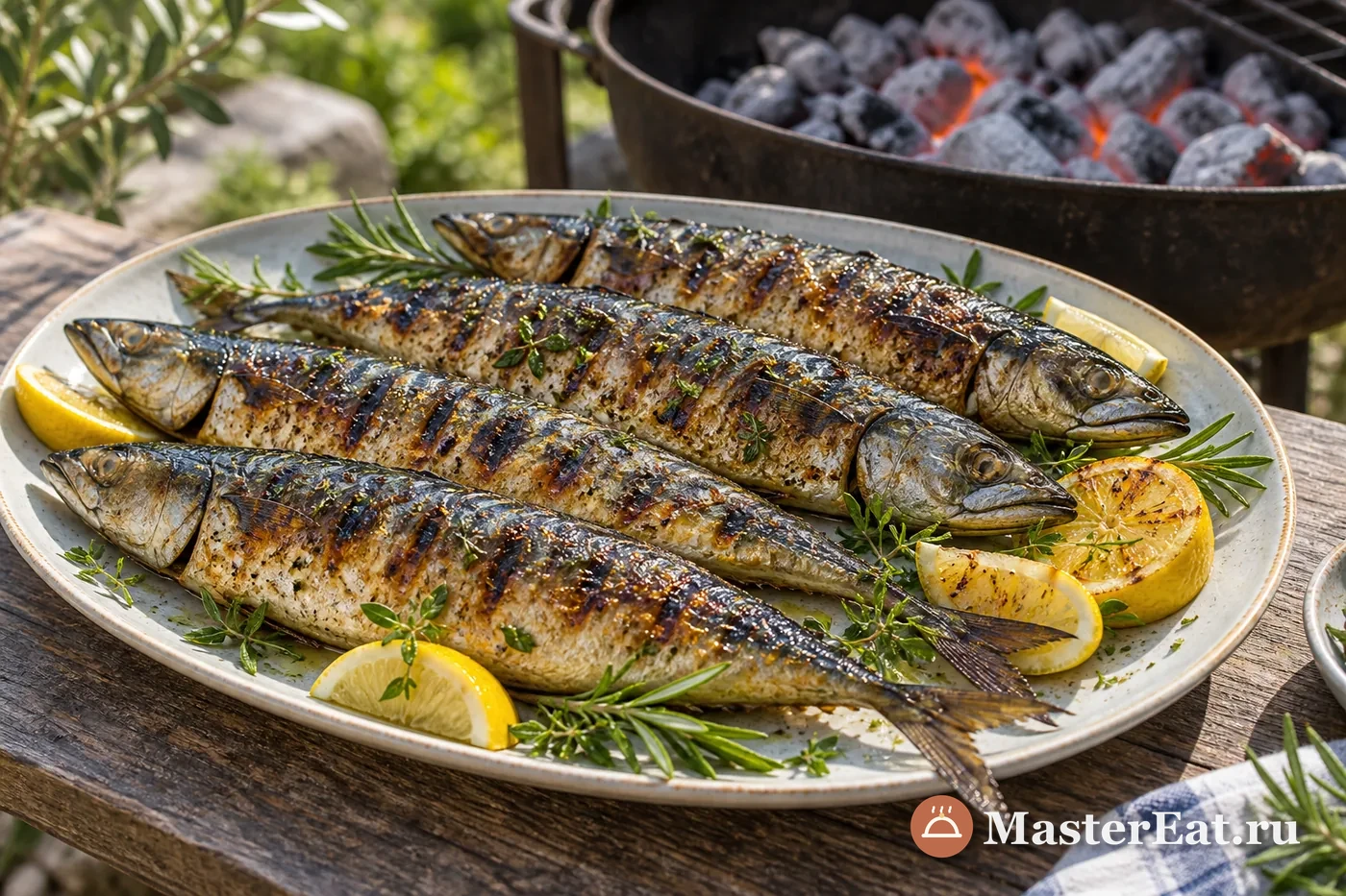 Целая румяная скумбрия с лимоном и чётким рисунком решётки на большом блюде