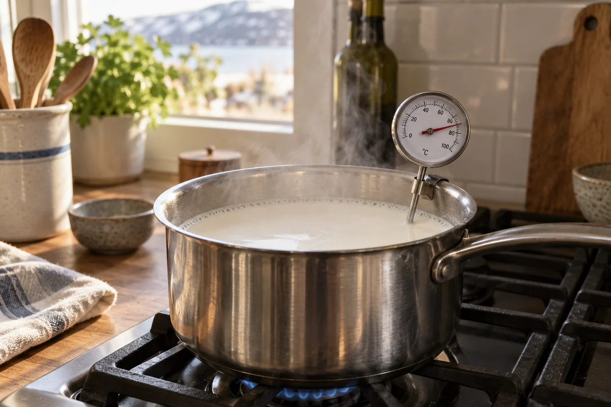 Скюр, шаг 1: цельное молоко нагревают в кастрюле до 85 °C.