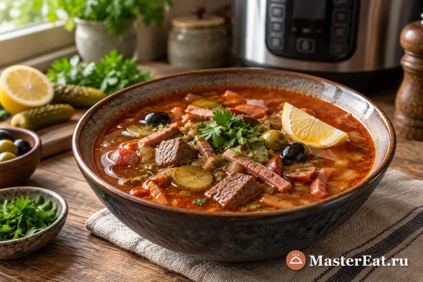 Густая солянка с кусочками говядины, ветчины, огурцами и лимоном в глубокой тарелке