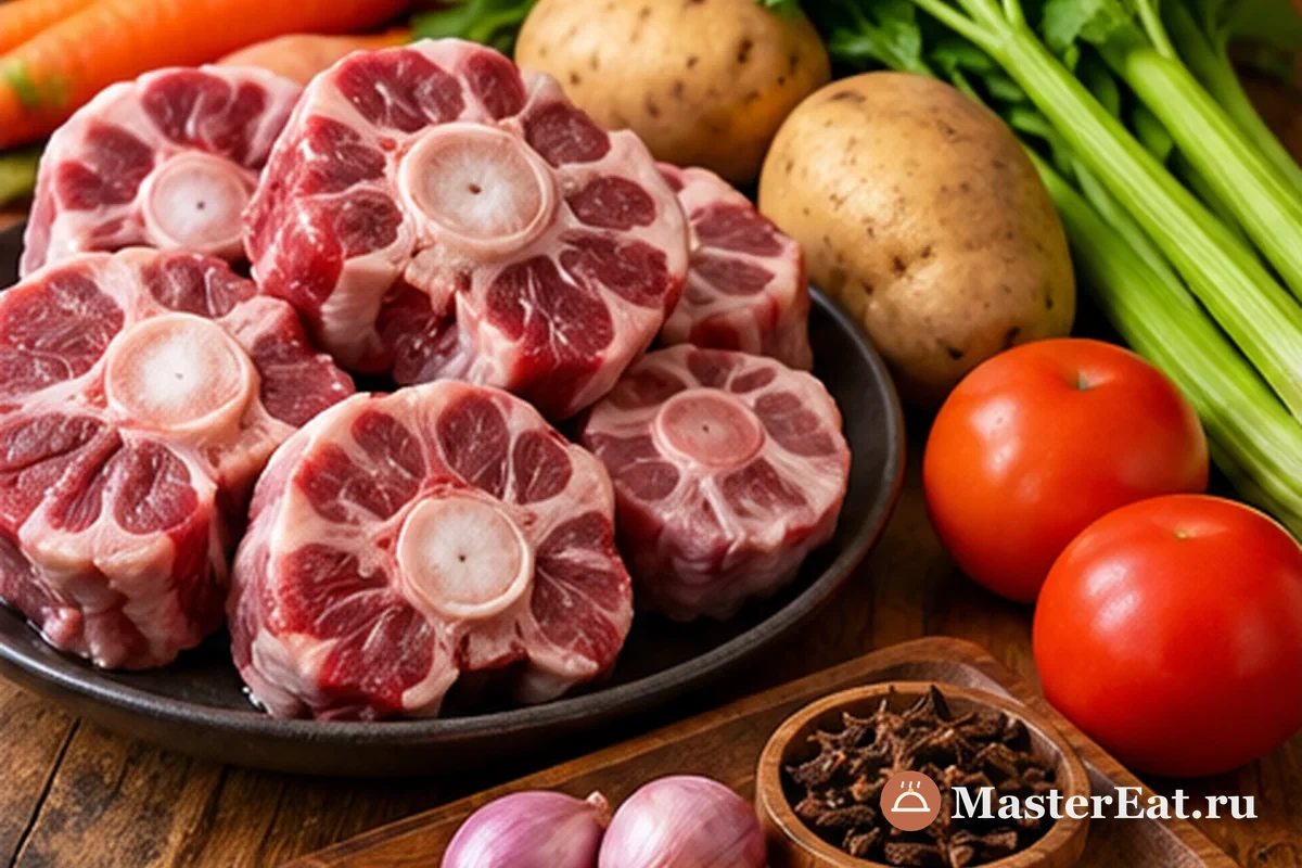 Бычий хвост, картофель, морковь, томаты, сельдерей и специи для супа