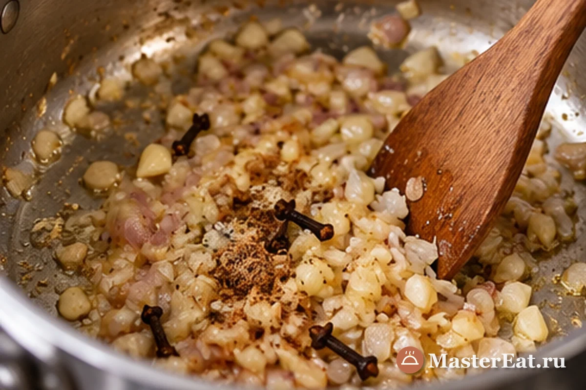 Лук и чеснок обжаривают с мускатным орехом и гвоздикой для бульона