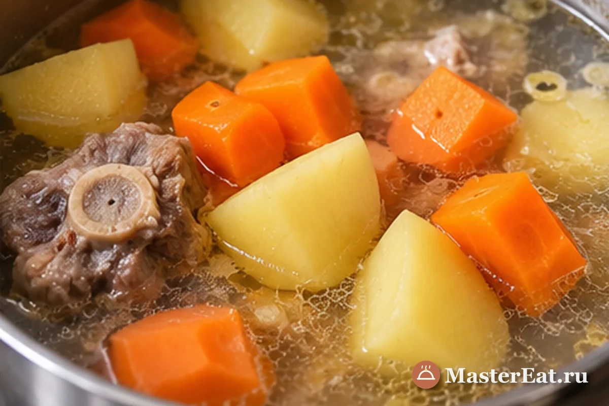 Картофель и морковь добавляют к мягкому мясу в прозрачный бульон