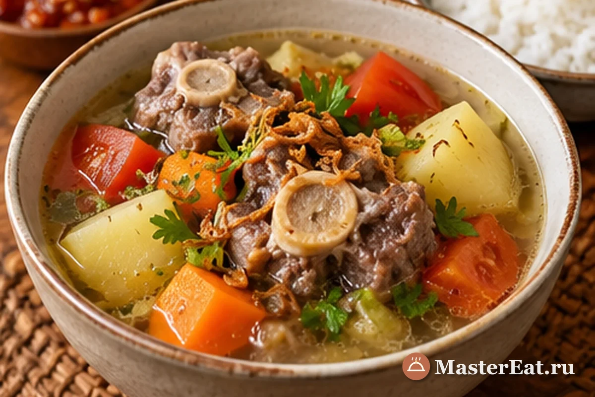 Соп бунтут подают горячим с кусочками хвоста, овощами и зелёным луком
