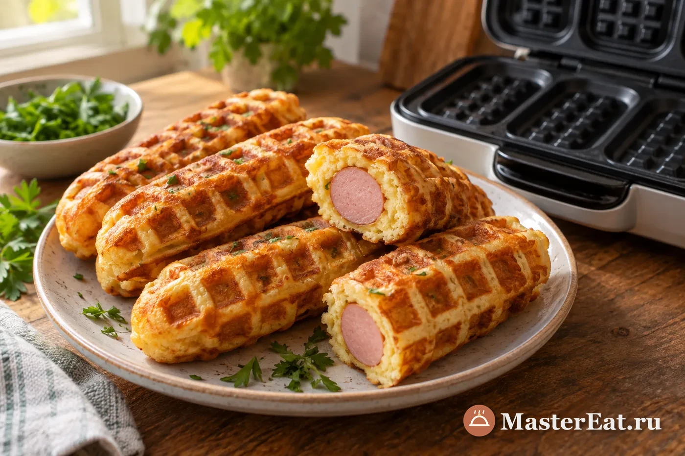 Картофельные вафли с сосисками и сыром рядом с открытой вафельницей