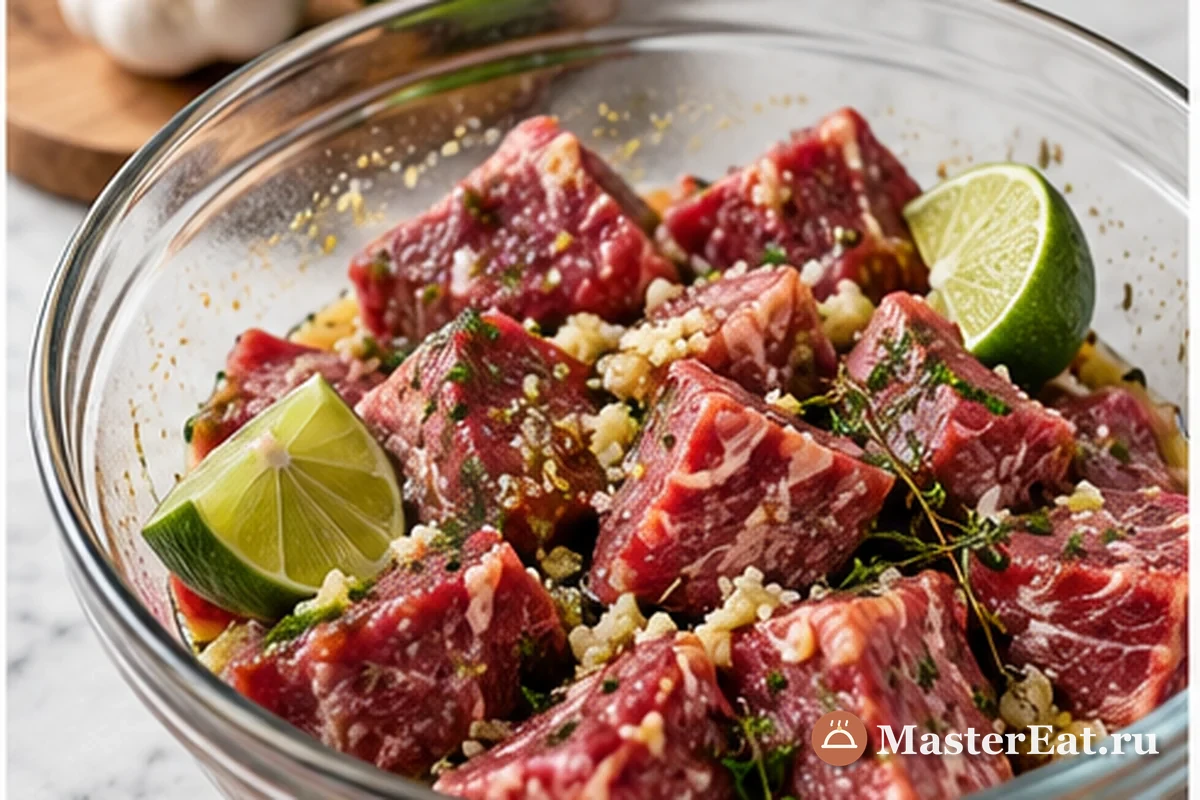 Говядину маринуют с лаймом, чесноком и специями для супа жуму