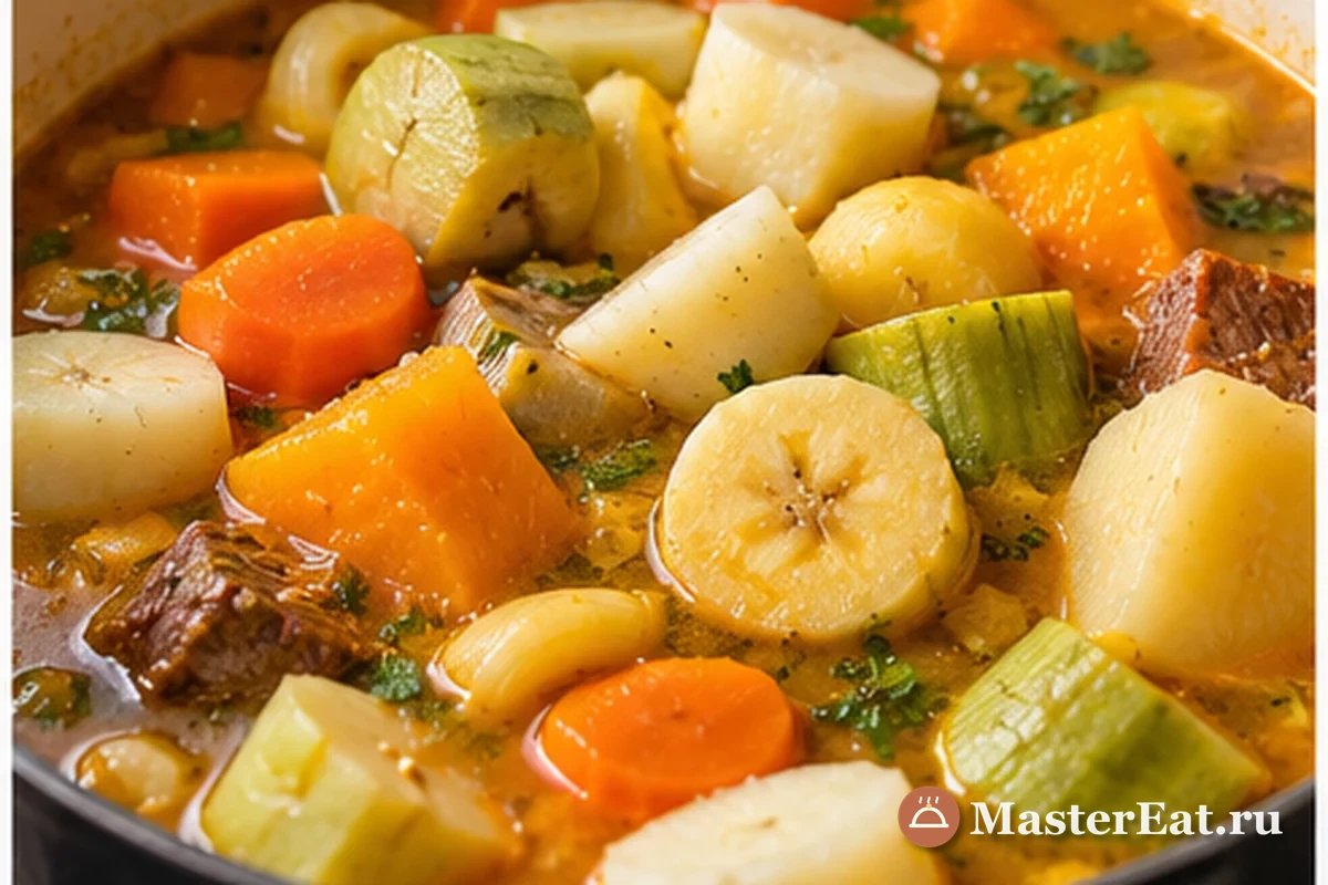 Корнеплоды, зелёный плантан и тыквенное пюре варятся с мясом