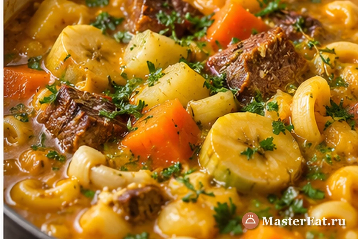 Гаитянский суп жуму с говядиной, тыквой, овощами и пастой