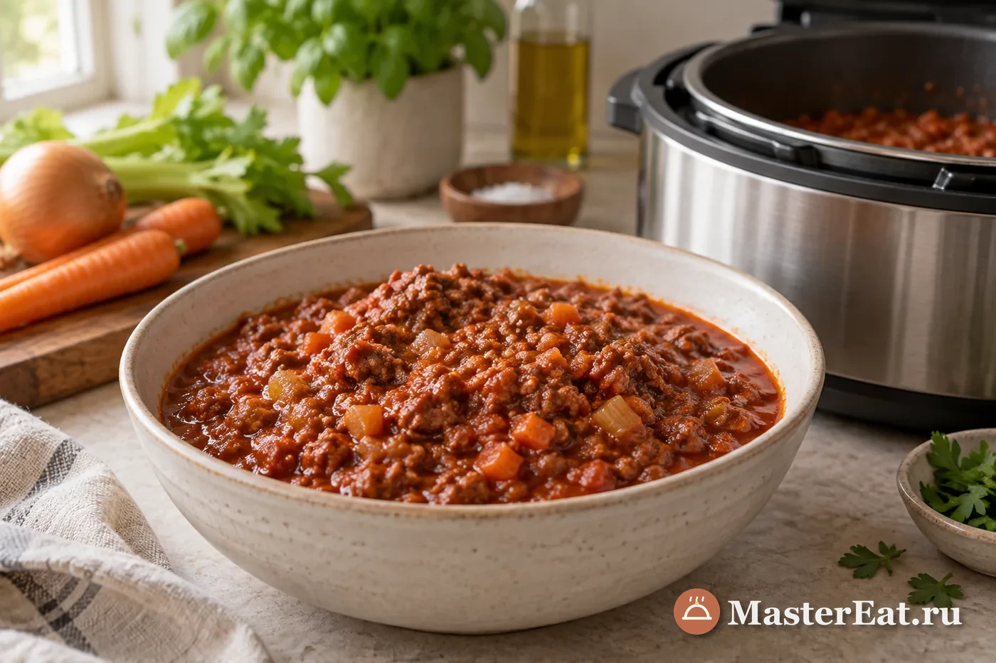 Густой мясной соус болоньезе с мелкими овощами и томатами в светлой глубокой миске