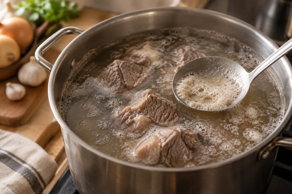 Наурыз-коже с мясом и крупами: шаг 2. Залейте мясо водой, доведите до кипения, снимите пену и варите 80 минут.