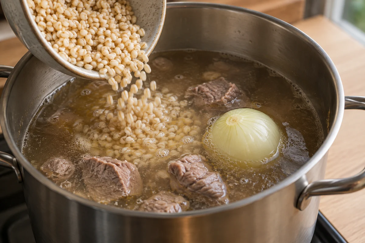 Наурыз-коже с мясом и крупами: шаг 3. Добавьте промытую перловку и целую луковицу, варите 35 минут.