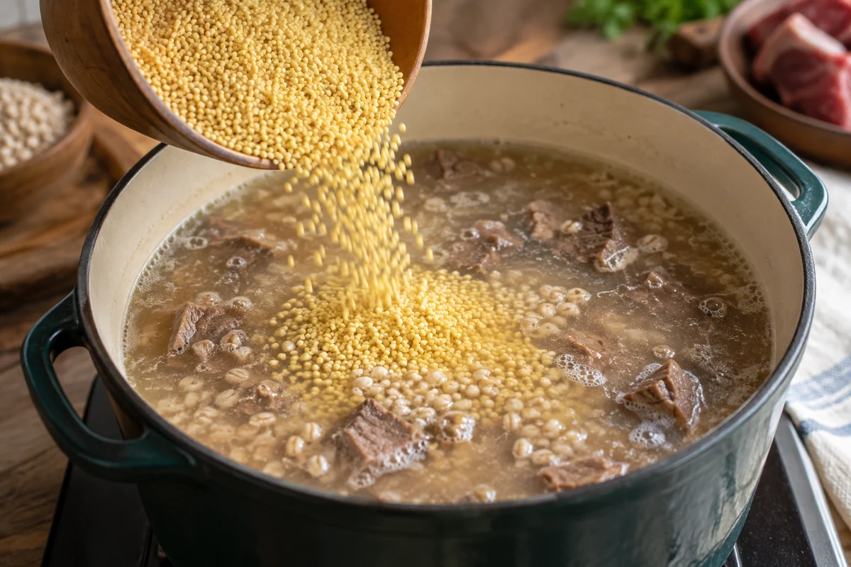 Наурыз-коже с мясом и крупами: шаг 4. Всыпьте тщательно промытое пшено и готовьте ещё 20 минут.