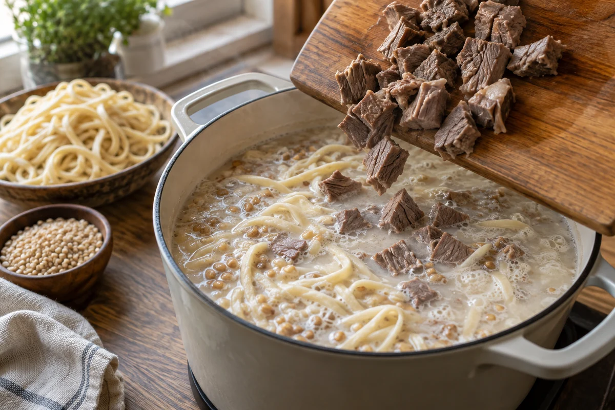 Наурыз-коже с мясом и крупами: шаг 6. Достаньте мясо, нарежьте и верните в бульон вместе с лапшой.