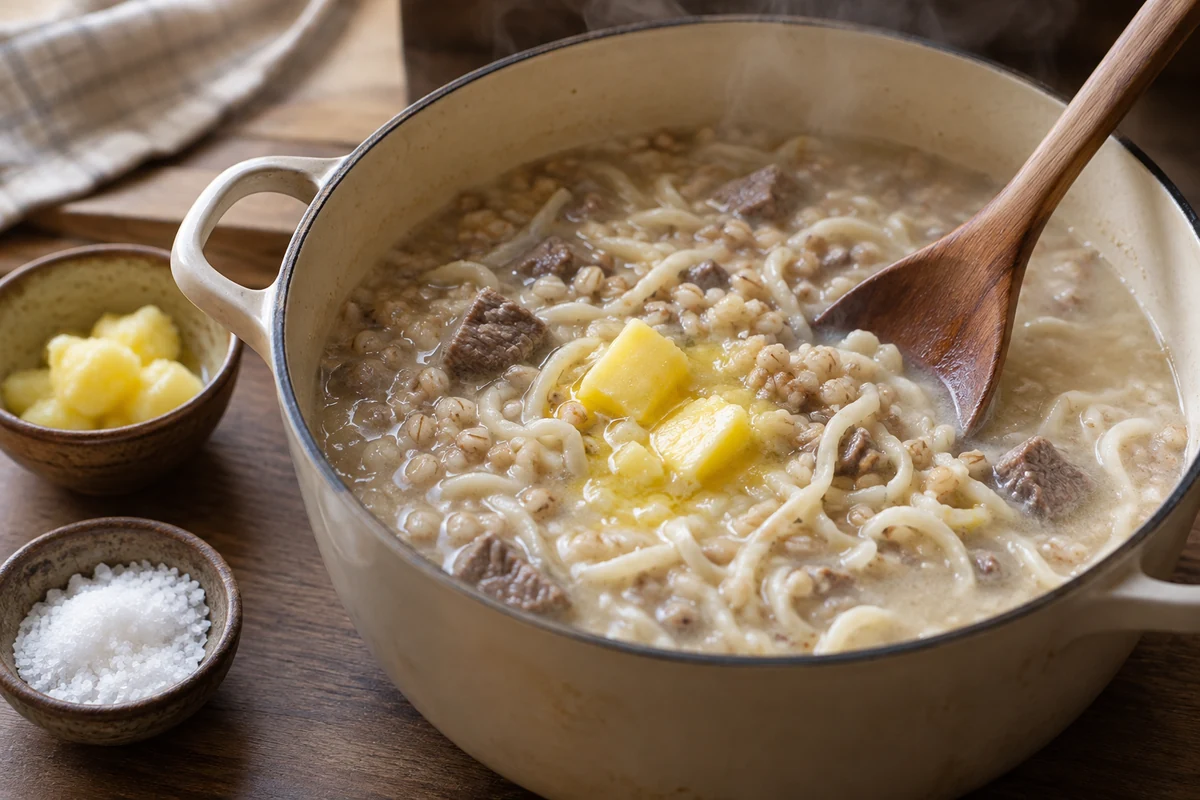 Наурыз-коже с мясом и крупами: шаг 7. Через 6 минут добавьте топлёное масло и оставшуюся соль.