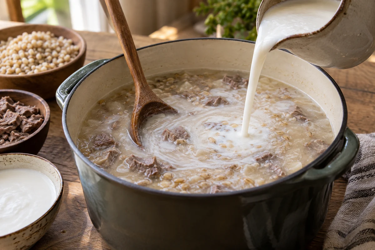 Наурыз-коже с мясом и крупами: шаг 8. Снимите с огня, остудите до 65 °C и постепенно вмешайте кефир.