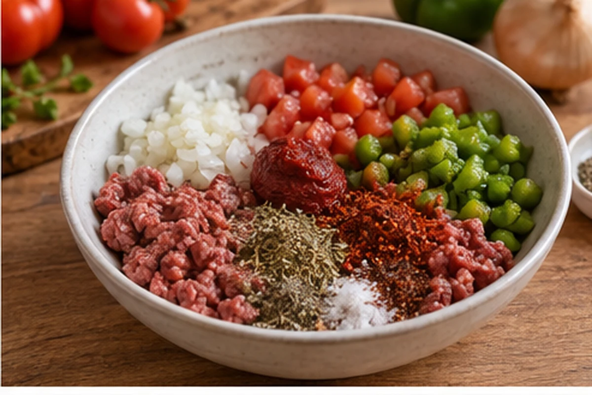 Пиде с мясным фаршем: шаг 3. Мелко нарежьте лук, помидоры и сладкий перец, соедините с фаршем, томатной пастой, паприкой, перцем
