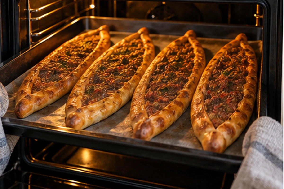 Пиде с мясным фаршем: шаг 7. Выпекайте пиде партиями при 230 °C 12–15 минут до румяных бортиков и температуры не ниже 71 °C в цен