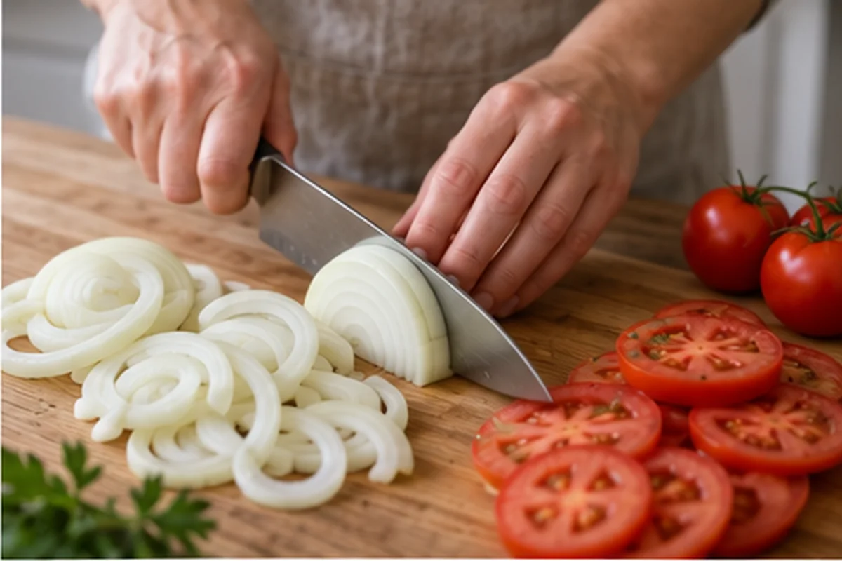 Нарежьте лук тонкими полукольцами, помидоры кружками