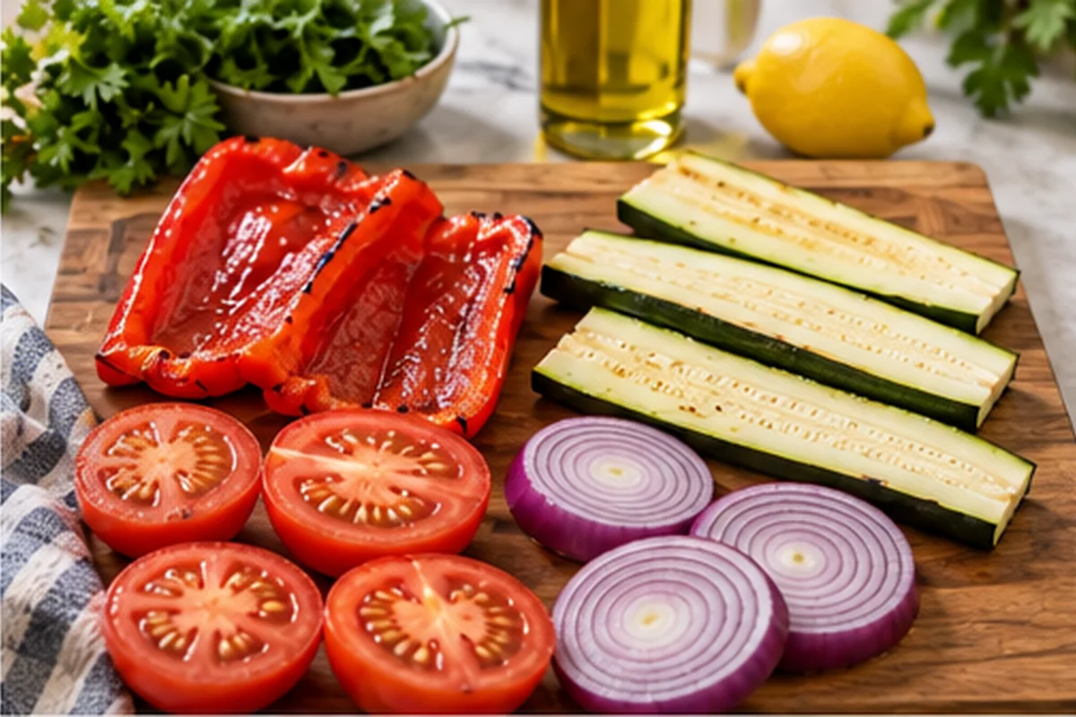 Перец оставьте крупными плоскими кусками, кабачки нарежьте вдоль пластинами 1 см, томаты разрежьте пополам. Лук нарежьте толстыми…