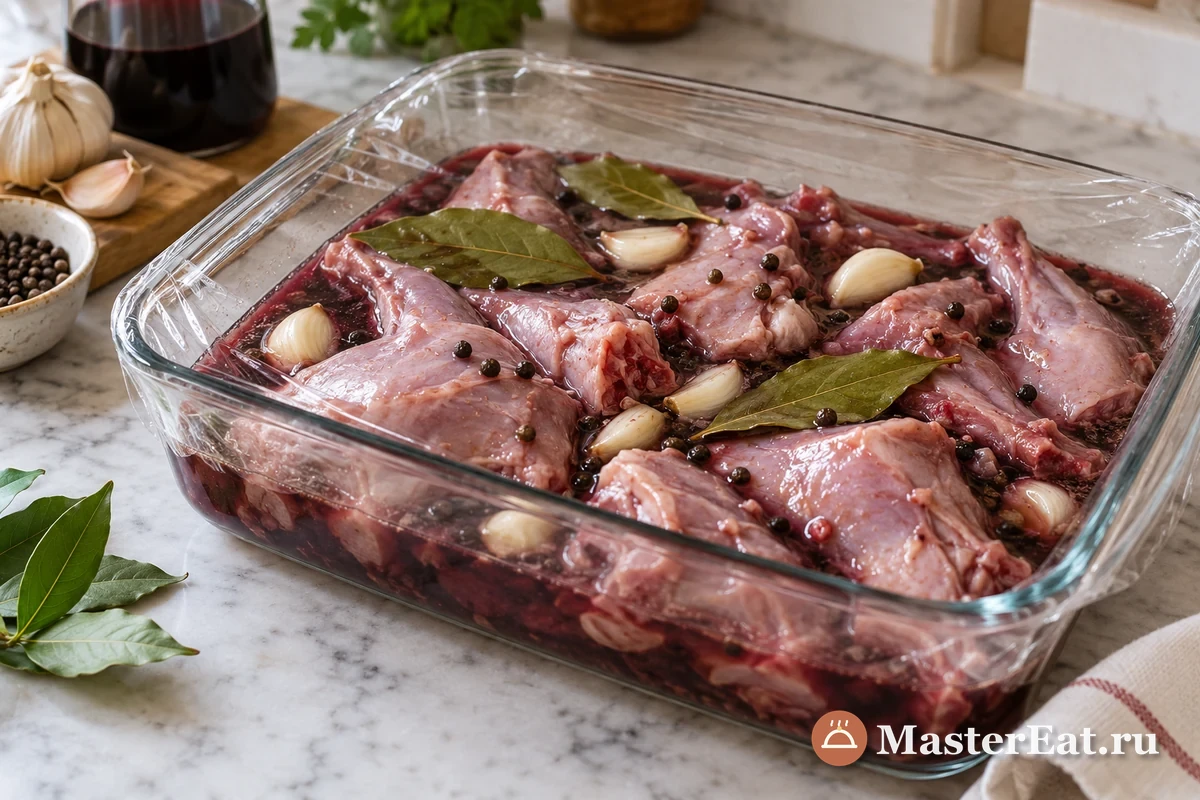 Кусочки кролика маринуются в красном вине с чесноком и лавровым листом