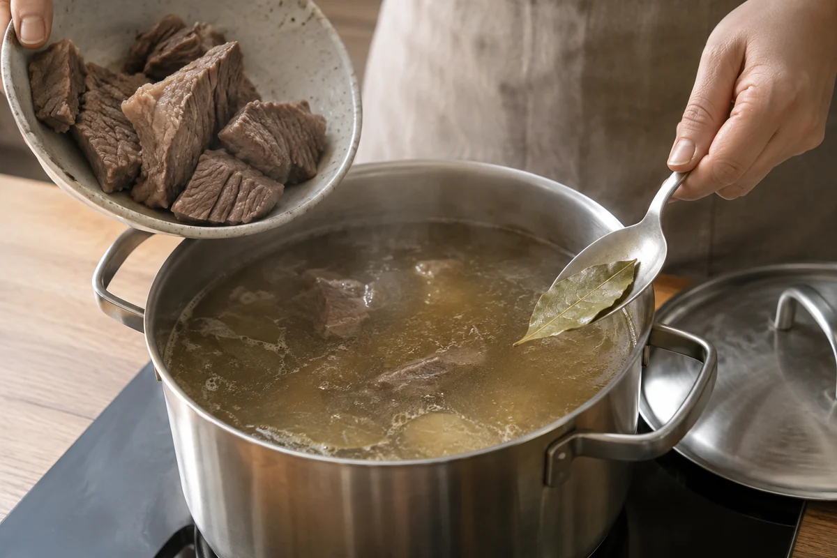 Якутская лапша: суп из говядины с домашней лапшой, шаг 9: Верните мясо в кастрюлю, прогрейте 2 минуты, удалите лавровый лист и дайте супу настояться под крышкой 10 минут.