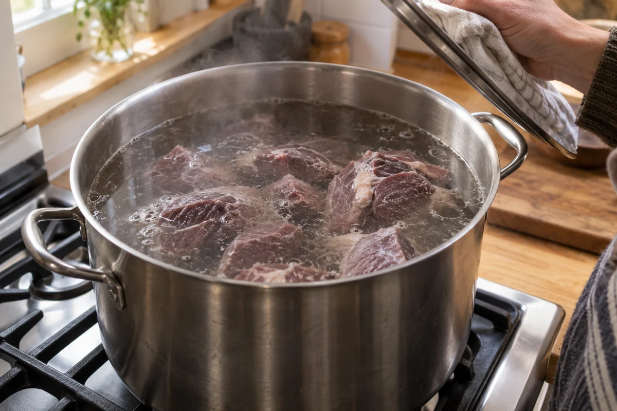 Суп из оленины с пшеном по-северному, шаг 2: Положите мясо в кастрюлю, залейте холодной водой и медленно доведите до кипения примерно за 20–25 минут.