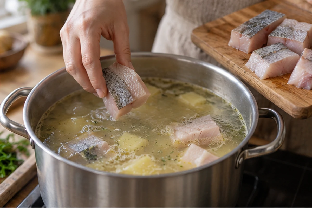Шаг 6. Нарежьте филе хариуса порционными кусками, аккуратно опустите в суп и готовьте 6–7 минут при слабом кипении.