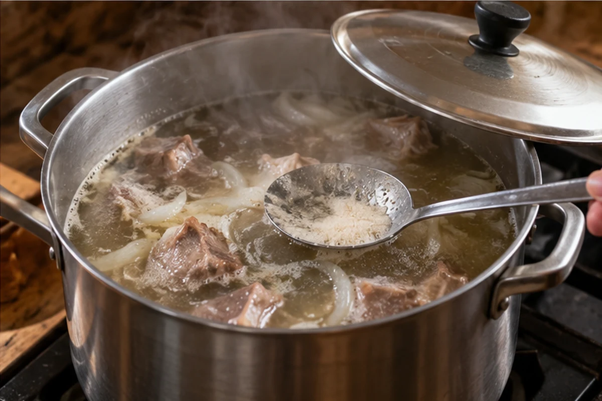 Шаг 4. Переложите мясо и лук в кастрюлю, влейте горячую воду, доведите до слабого кипения, снимите пену и варите под неплотной крышкой 60–75 минут.