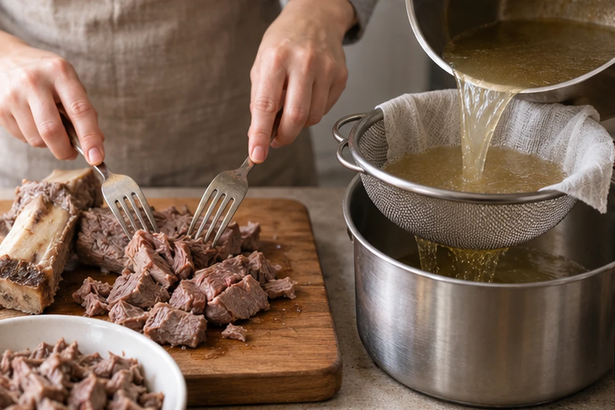 Шаг 3. Выньте мясо, отделите его от кости, нарежьте кусочками, а бульон процедите и верните в кастрюлю.