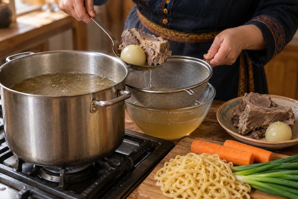 Шаг 4: Выньте мягкое мясо и луковицу, процедите бульон при необходимости и верните кастрюлю на плиту.