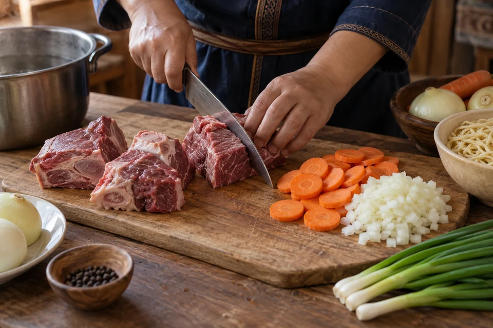 Шаг 5: Нарежьте говядину крупными порционными кусками, а морковь – кружками; оставшийся лук мелко нарежьте.