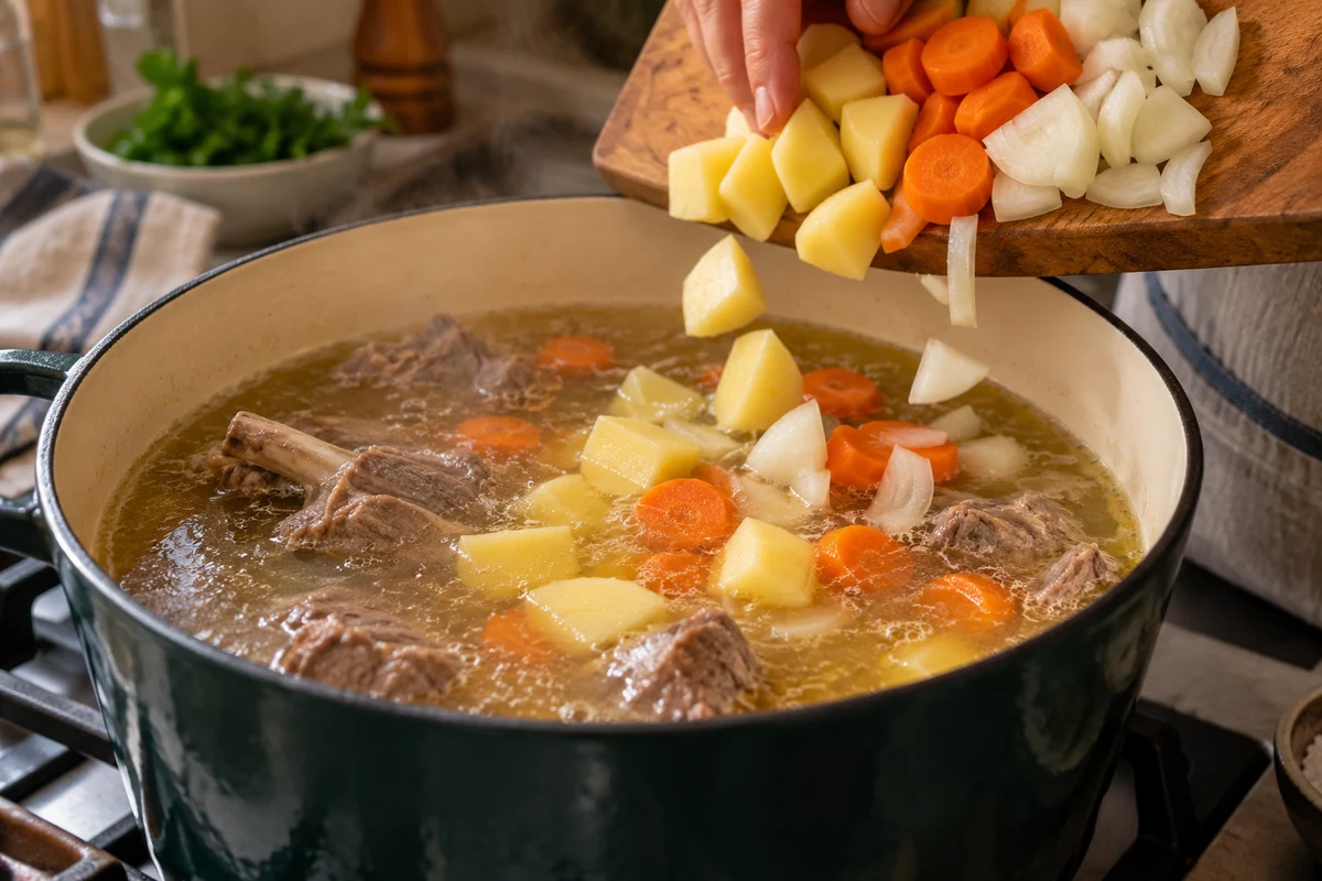 Шулён, шаг 6: в бульон с мясом добавляют картофель, лук и морковь.