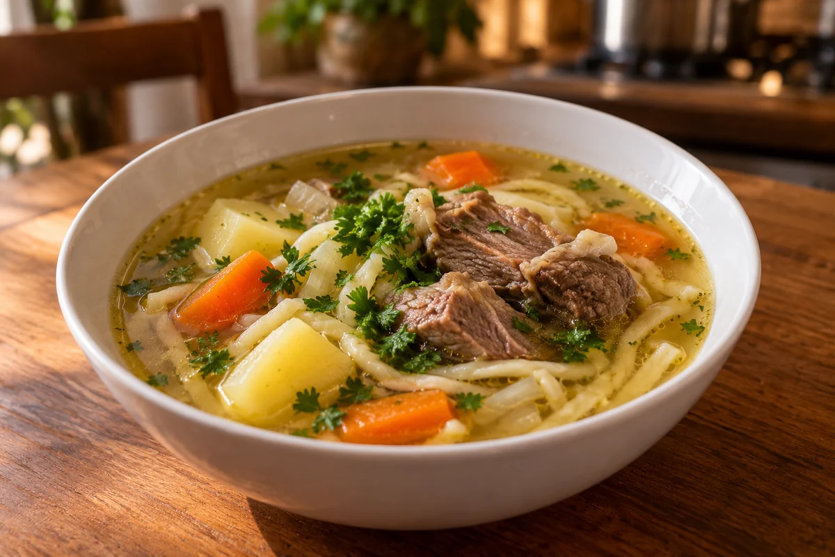 Шулён, шаг 8: готовый шулён с бараниной, лапшой и овощами посыпают петрушкой.