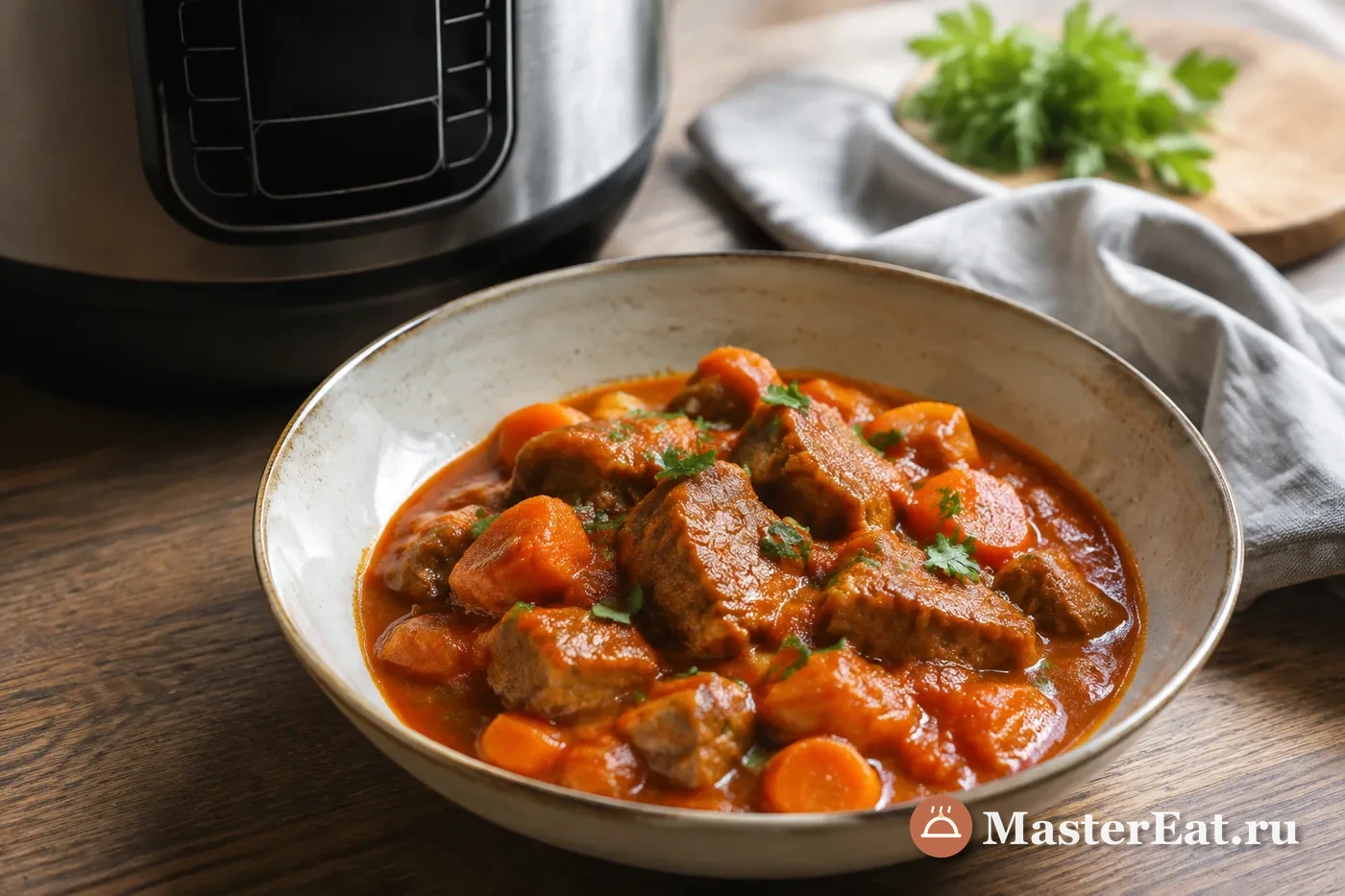 Мягкие кусочки свинины с морковью и густым томатным соусом в чаше мультиварки