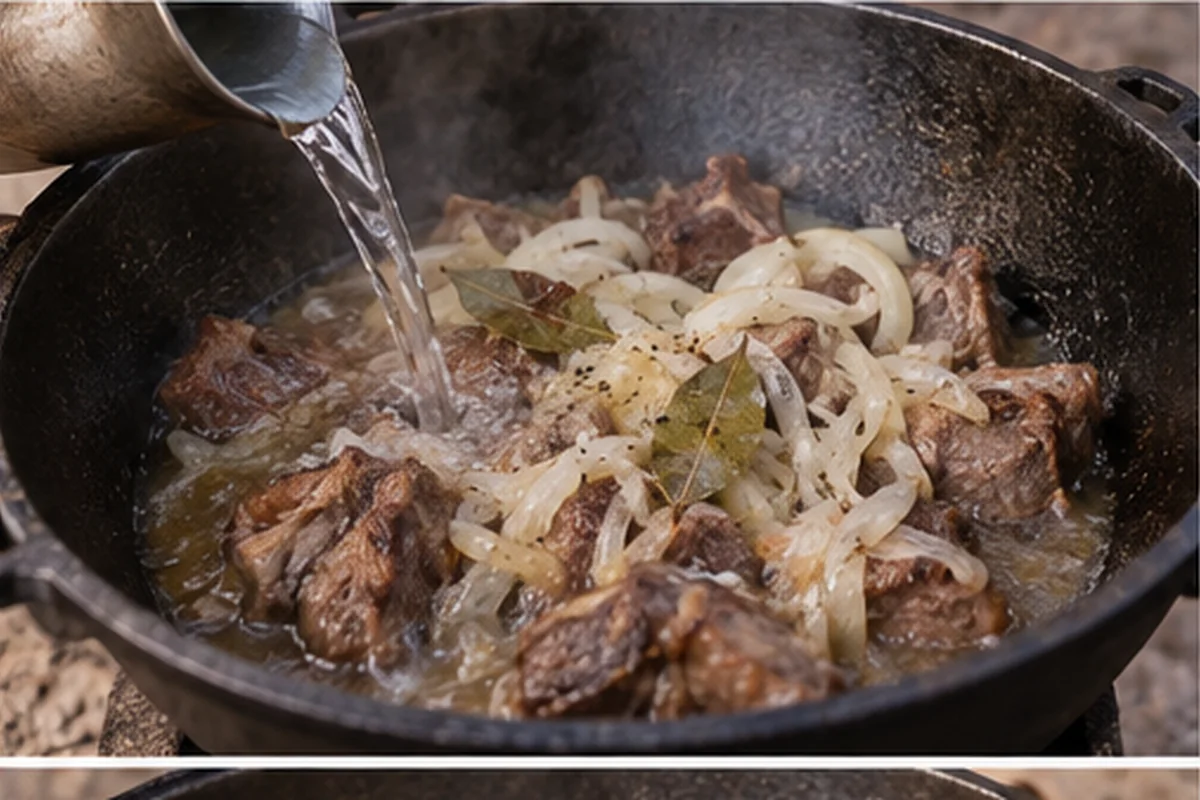 В казан с мясом вливают воду.