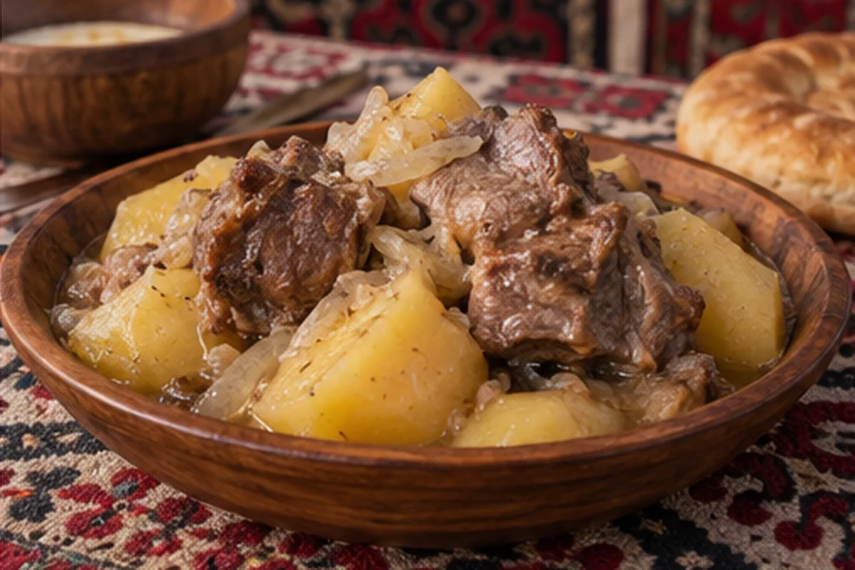 Готовое сырне с бараниной и картофелем подают из казана.