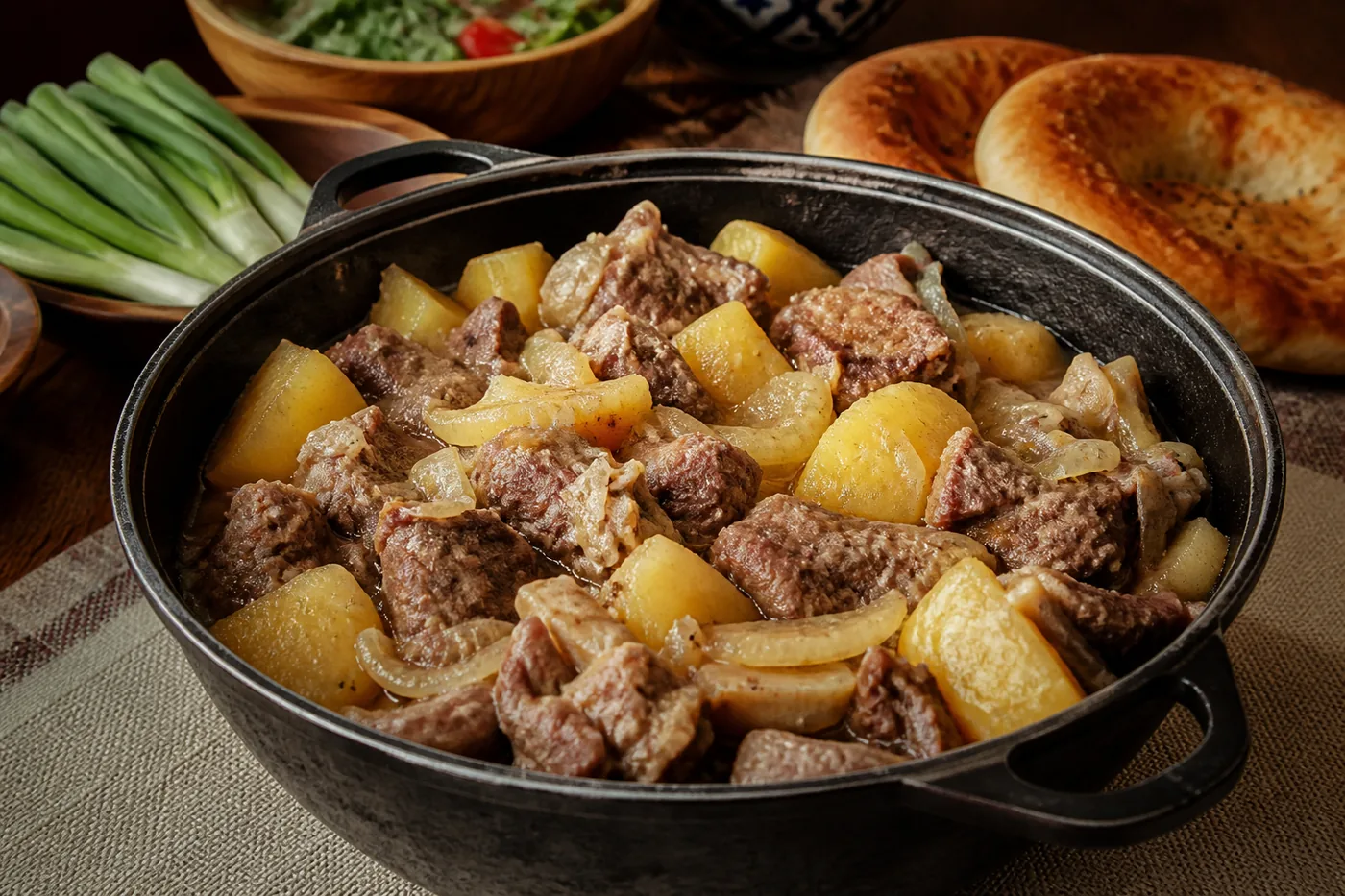 Казахское сырне из баранины с картофелем и луком