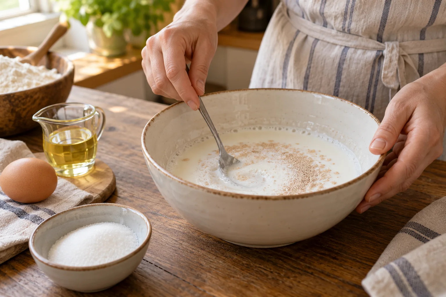 Кефир смешивают с сухими дрожжами и сахаром, затем добавляют яйцо, соль и растительное масло