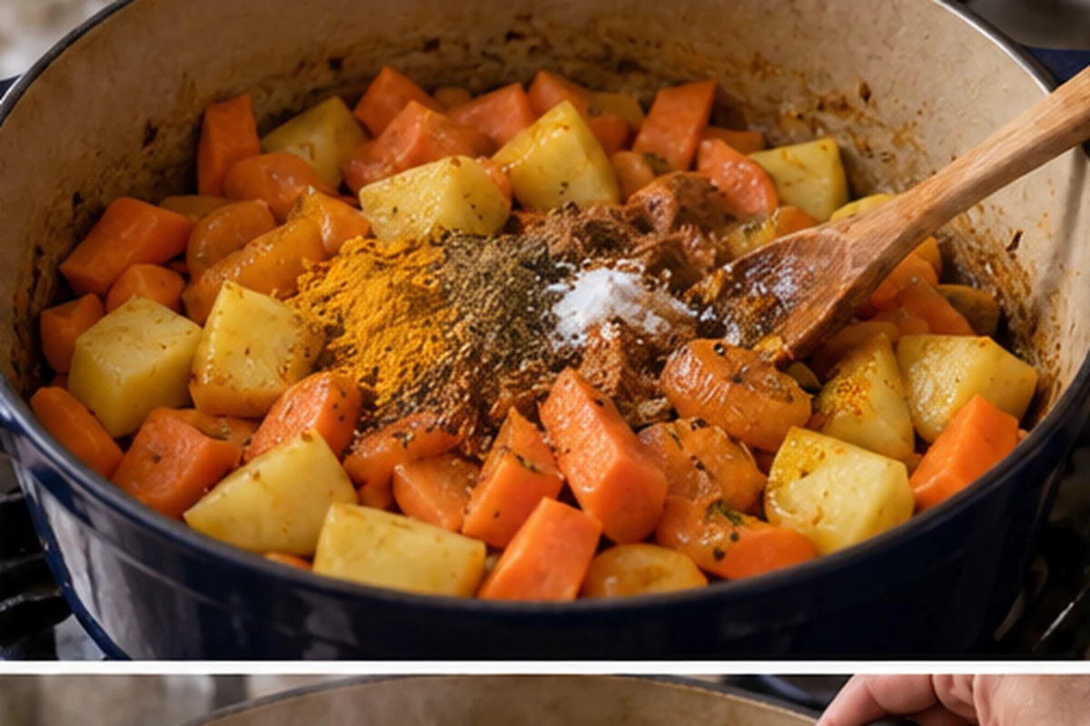 Добавьте морковь, картофель и курагу. Всыпьте корицу, кумин, имбирь, куркуму, соль и перец, затем перемешайте, чтобы специи распределились по овощам.