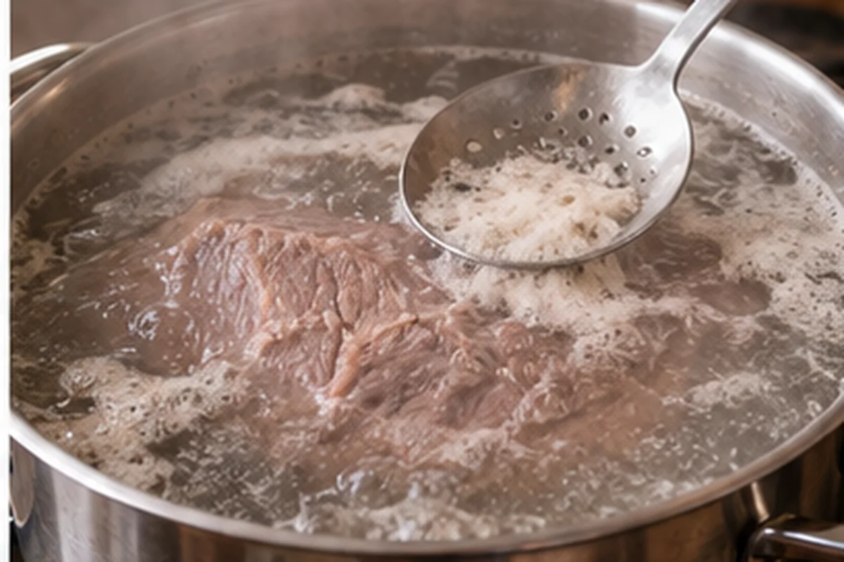 Шаг 2. Положите мясо в холодную воду, доведите до кипения, снимите пену.