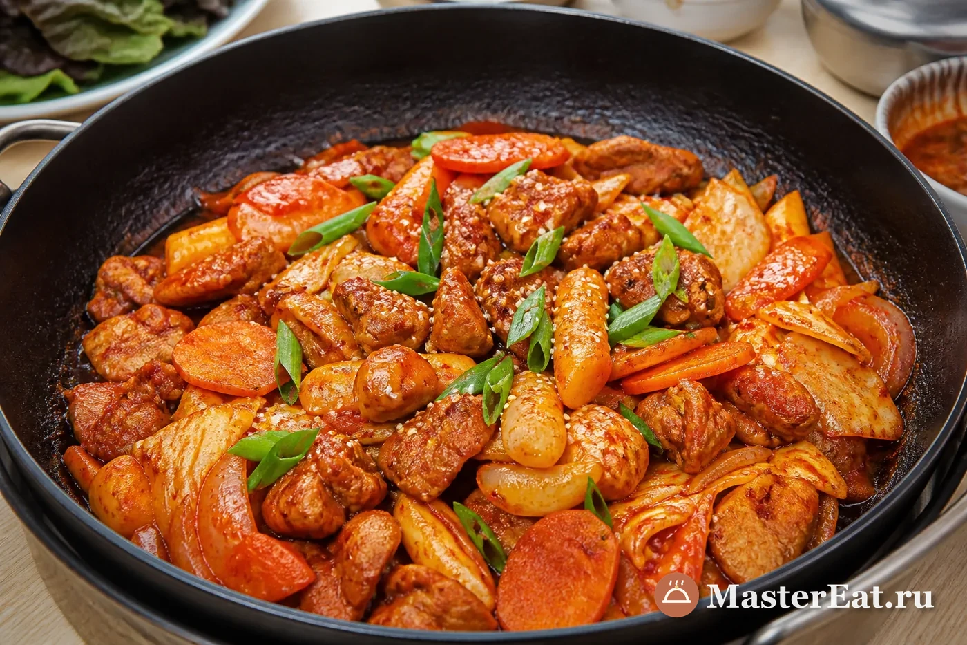 Корейское так-кальби с курицей, овощами и рисовыми клёцками
