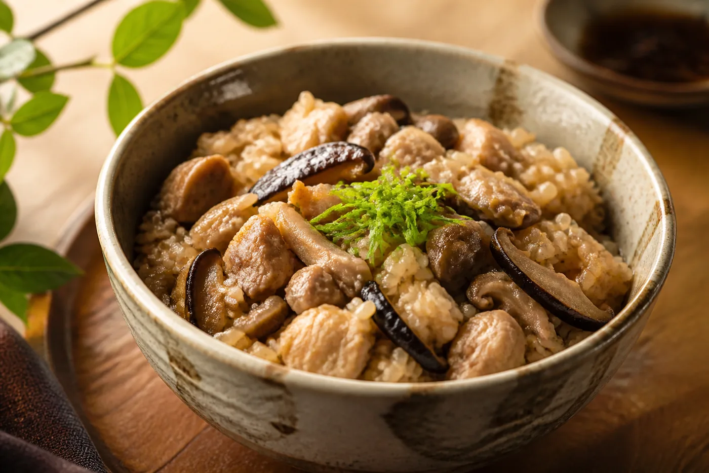Такикоми гохан с курицей и грибами